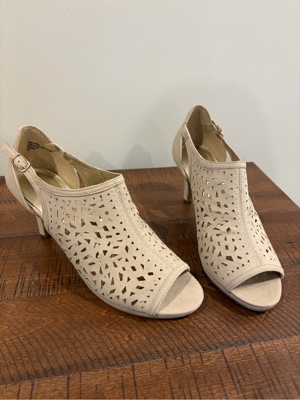 Beige Laser-Cut Peep-Toe Slingback Heels by Karen Scott